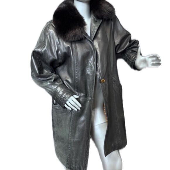 Black Leather Fur-Trim Trench Coat W/ Gold Buttons - Picture 2 of 15